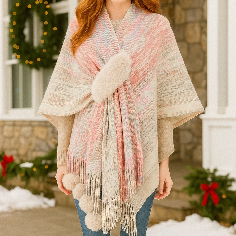 Faux Fur Pom-Pom Fringe Hem Poncho Sweater Wrap Colorful Knit Oversized Swawl